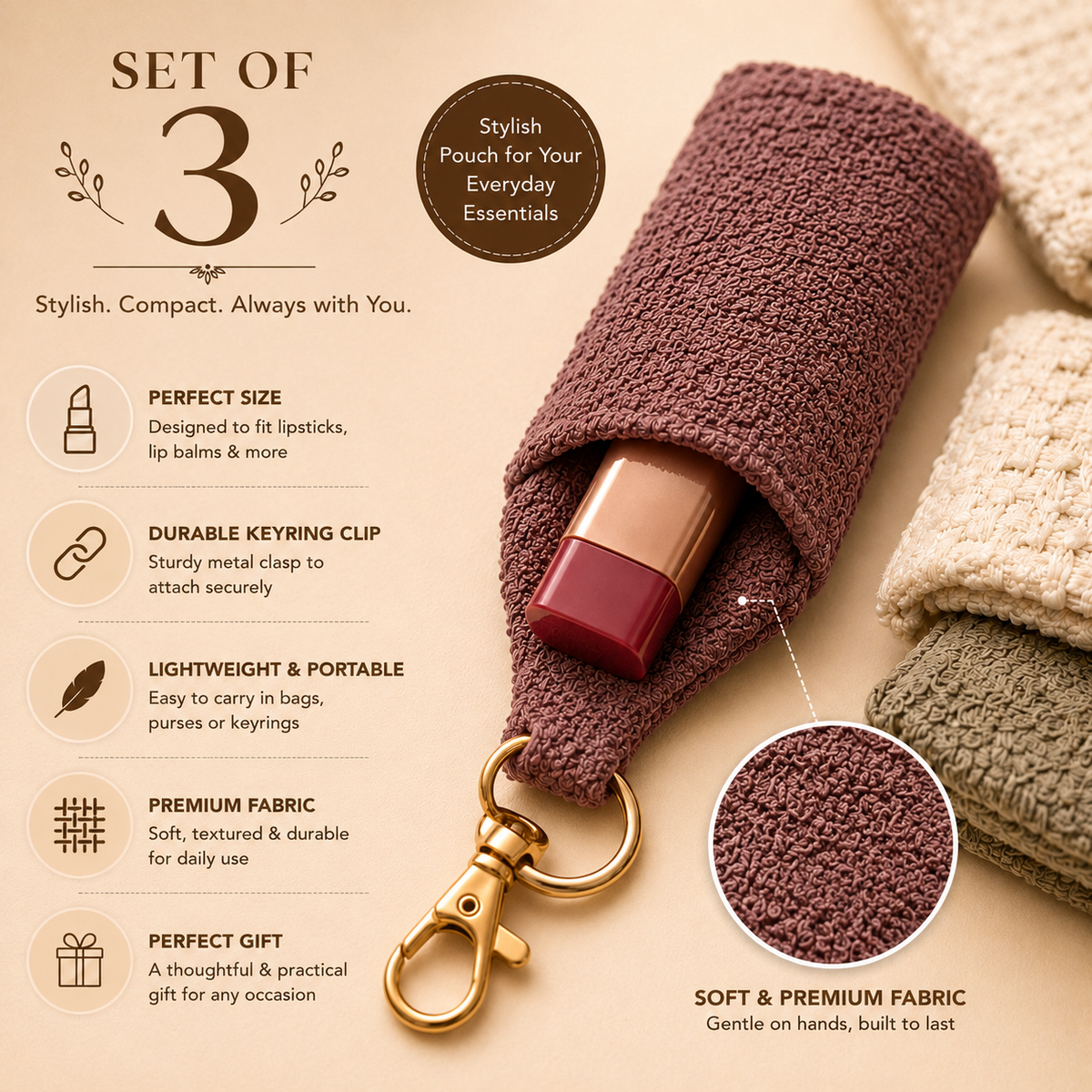 "Lipstick Holder" - Keychain Pouch (Set of 3 )